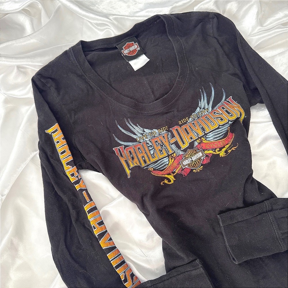 Harley Davidson Womens Black Long Sleeve Graphic T-Shirt Scoop Neck Small